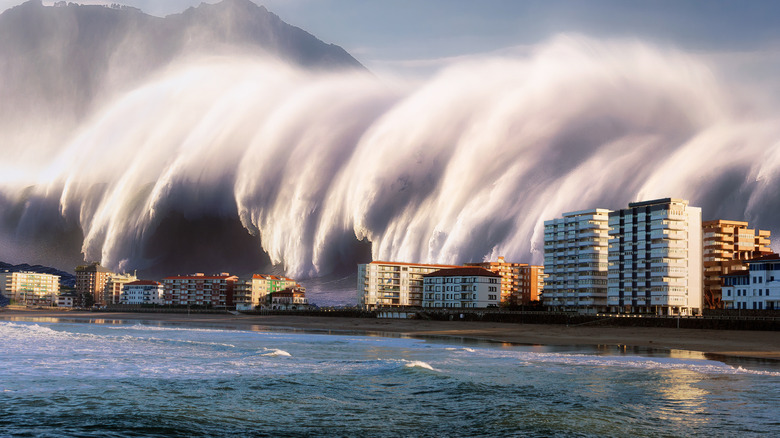 tidal wave hitting a city