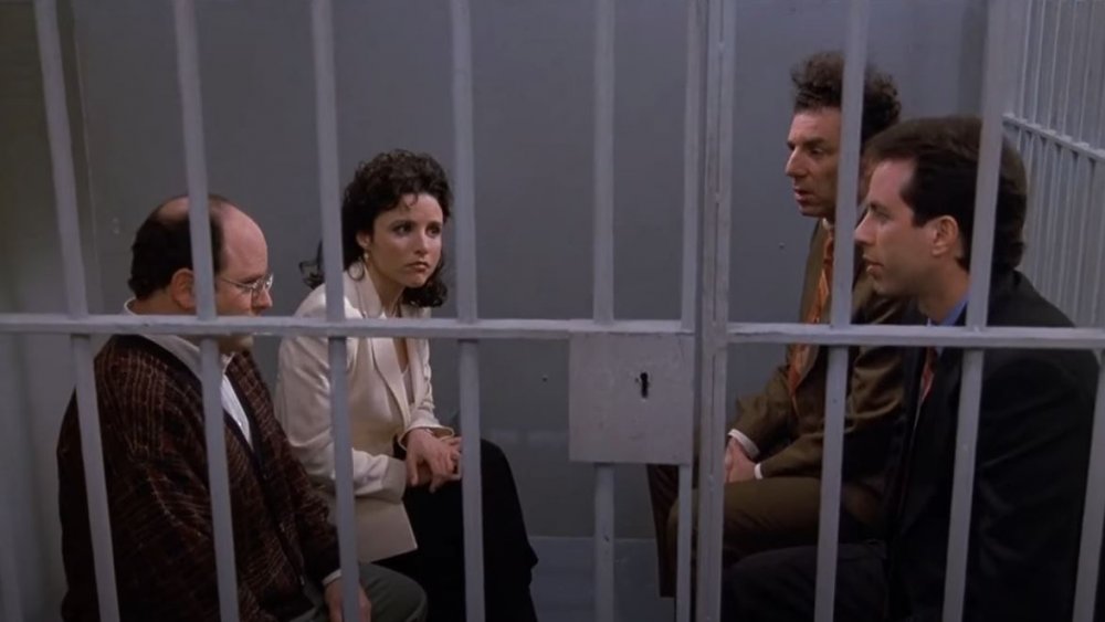 Jerry Seinfeld, George, Elaine, and Kramer in prison