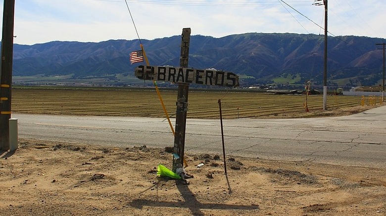 Memorial marker 32 Braceros Chualar with moutntains