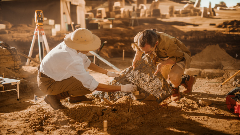 Archaeologists digging at an excavation site