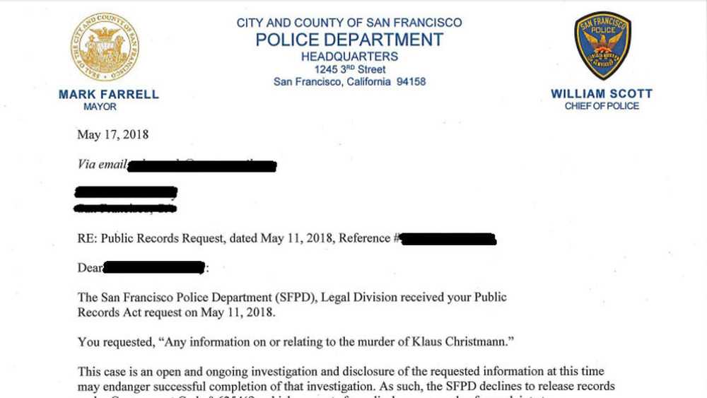 Letter from SFPD revealing Doodler case is still open