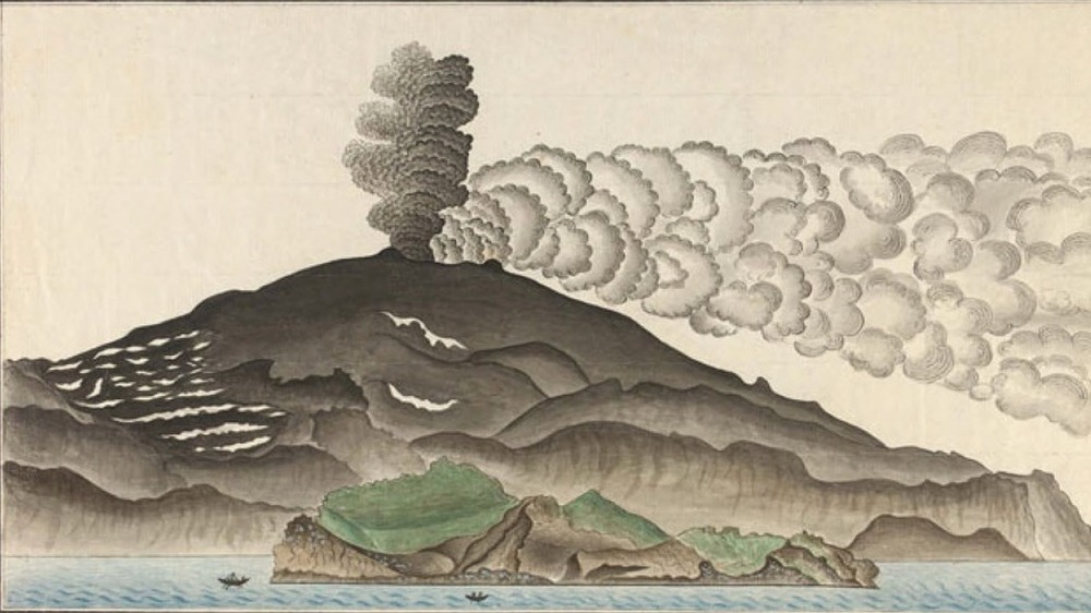 volcano watercolor with smoke and lava