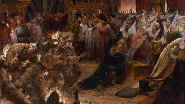 painting of men on fire at royal ball