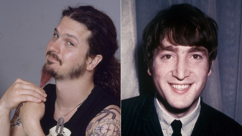 A side-by-side photo of "Dimebag" Darrell Abbott of Pantera and John Lennon