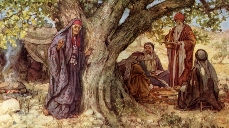 Sarah overhears three angels speaking to Abraham