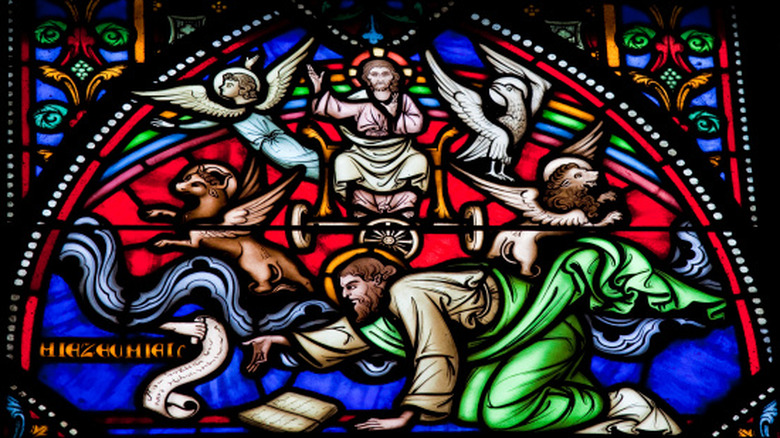 Stained glass depiction of Ezekiel's vision