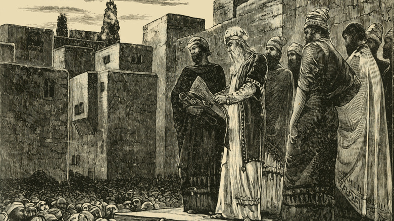 Jewish high priest reading the law to crowd