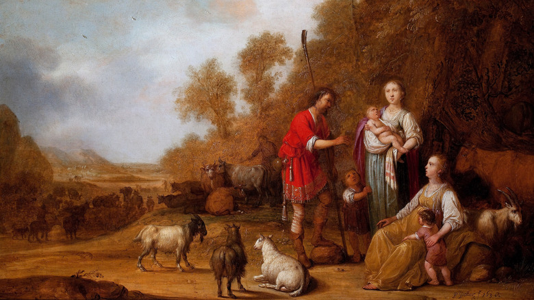 Jacob Urging Leah and Rachel to flee from Laban with sheep and goats