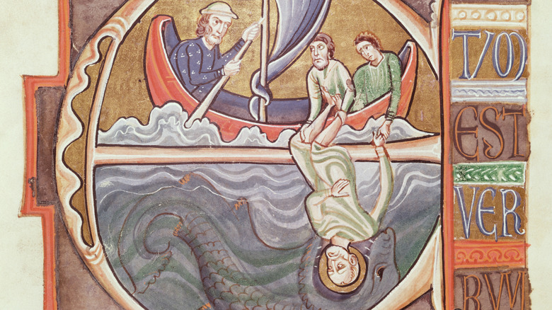 Medieval illustration depicting Jonah Thrown into the Sea