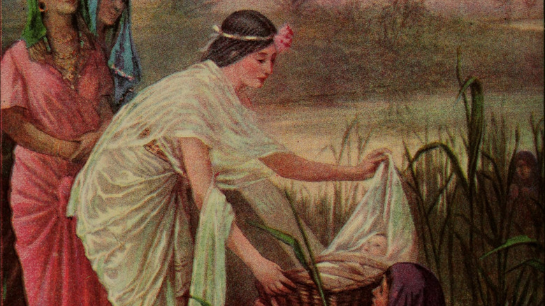 Illustration of infant Moses being handed to pharaoh's daughter