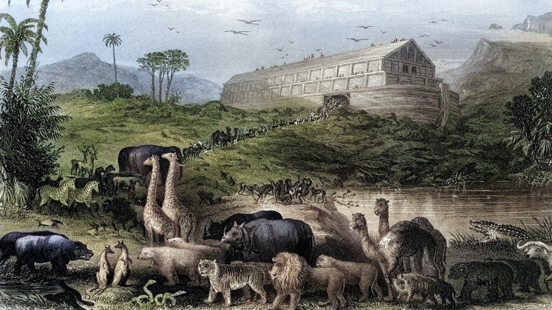 Vintage engraving of animals entering Noah's ark