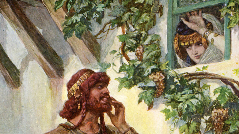 Smiling Samson sees Delilah at her window