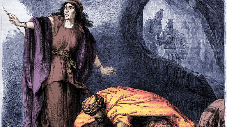 Engraving of Saul and witch of Endor raising spirit of Samuel