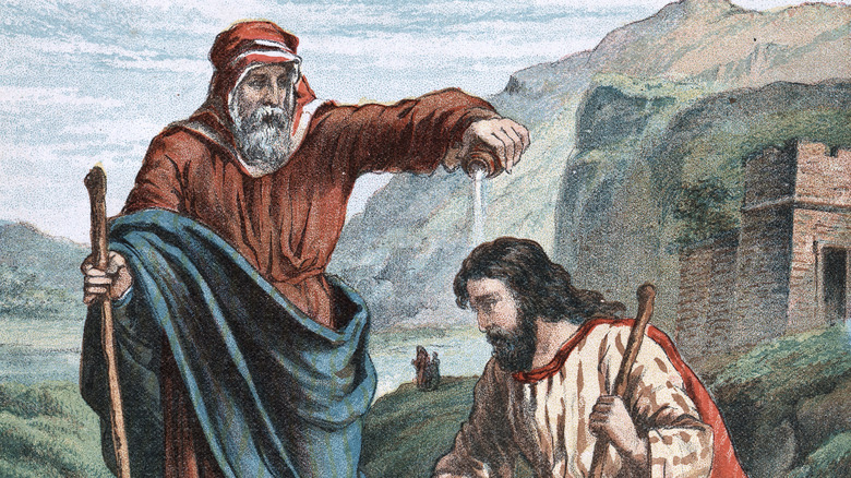 Vintage illustration of Samuel anointing Saul