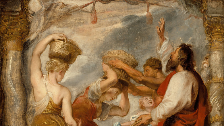 Israelites gathering manna in baskets