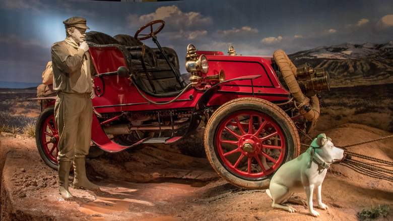 Smithsonian exhibit of 1903 Winton Touring Car and statues of H. Nelson Jackson and Bud the pitbull