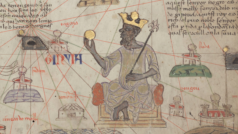 Mansa Musa sitting on a throne and holding a gold coin