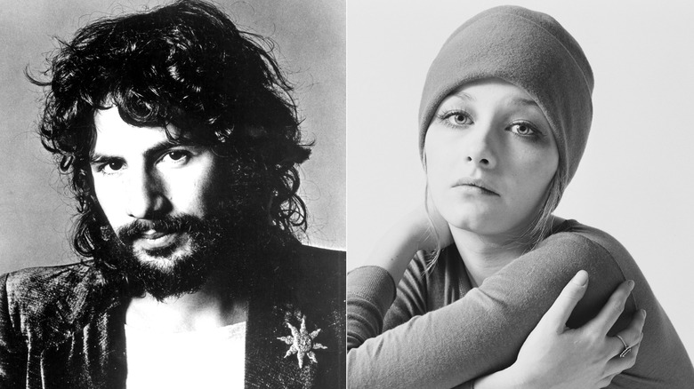 Split image of Cat Stevens in jacket and Patti D'Arbanville wearing beanie arms held close