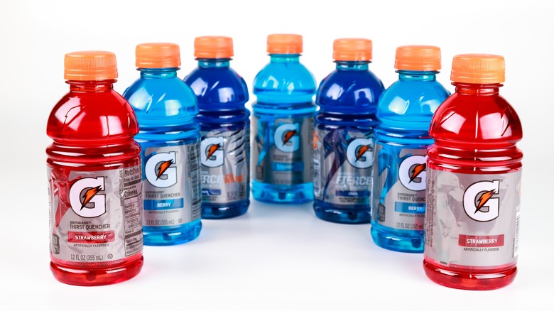 Gatorade products lined up in a row 