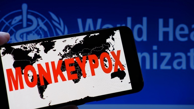 Phone displaying a map of the world with the word monkeypox held over the World Health Organization's logo
