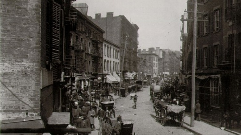 people lining manhattan street
