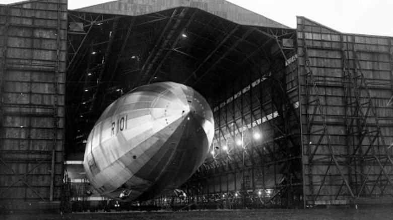 A dirigible rests in its hanger