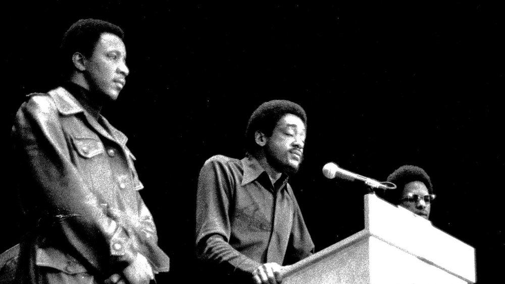 Black Panther Party Leader Bobby Seale speaking on stage on December 12, 1971 