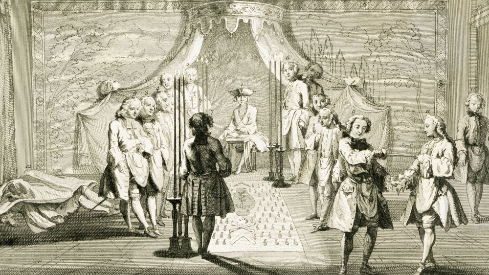 Assembly of Freemasons for the initiation of a Master, c1733.