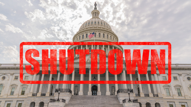 Capitol building with a shutdown stamp effect
