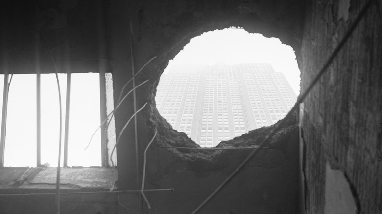 The hole left by a plane crashing into the Empire State Building after the debris was cleared away
