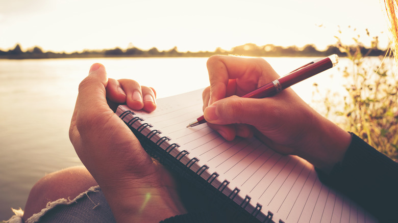 girl writing in journal near water