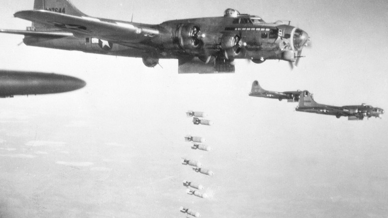 B-17, Flying Fortresses of the U. S. Eighth Air Force drop bombs