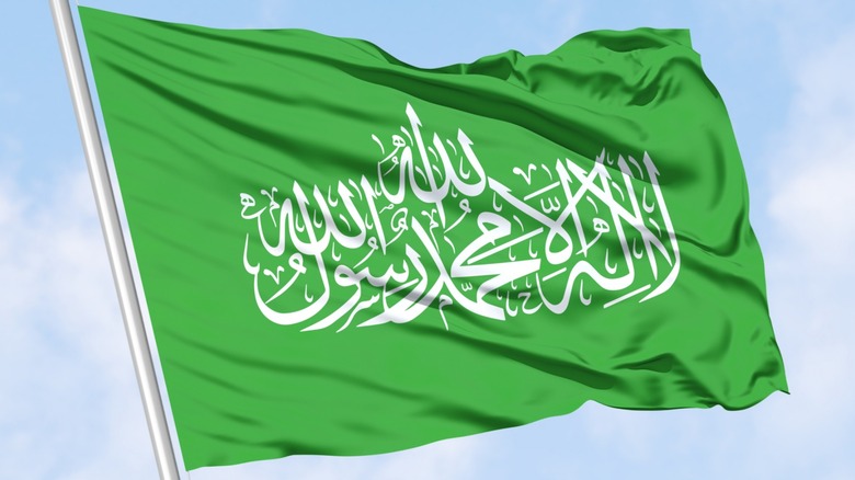 Green hamas flag waving in blue sky