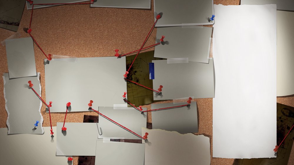 Detective board covered by blank pieces of paper