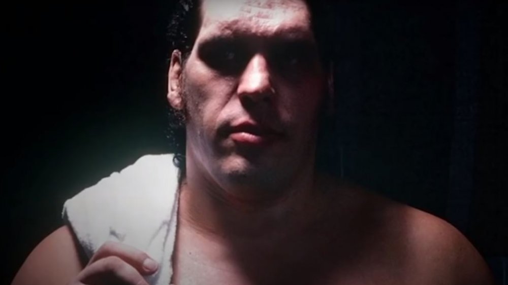 Andre the Giant poses for the camera with a towel over his shoulder