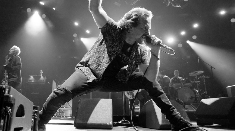 Eddie Vedder black and white on stage