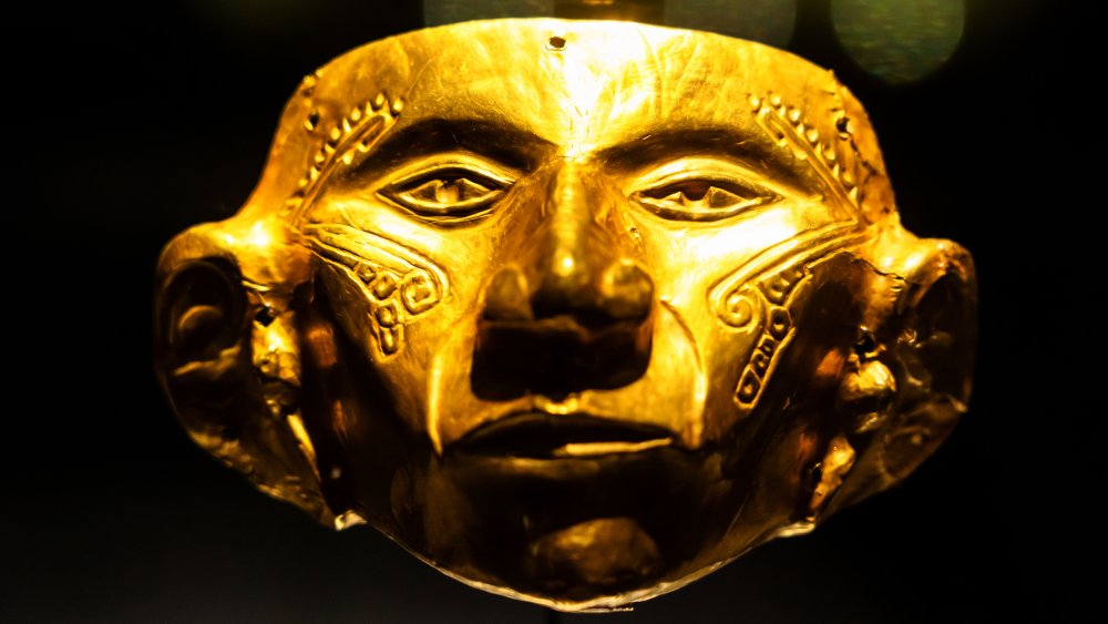 Golden mask on display at the Museo del Oro, Bogotá, Colombia.