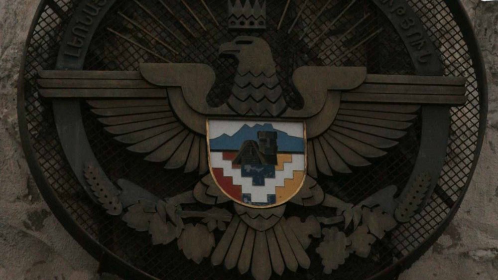 Artsakh government building with crest on the outside