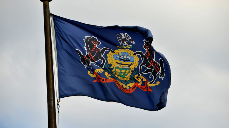 The Pennsylvania state flag flying in the wind