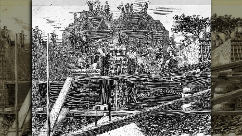The main drainage of the Metropolis - sectional view of sewerage tunnels from Wick Lane, near Old Ford, Bow, looking westward, period engraving