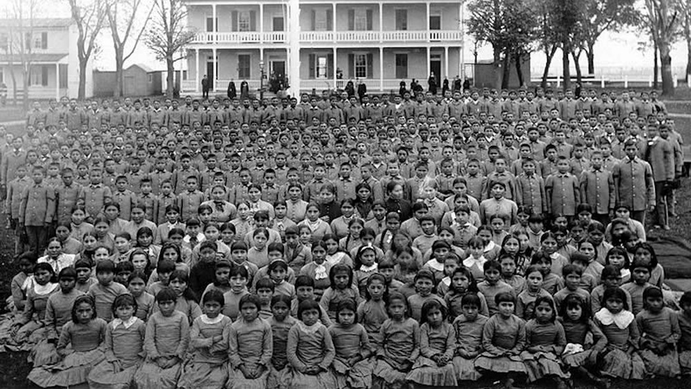 Carlisle Indian School with students out front