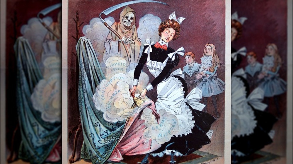 American satirical cartoon featuring the Grim Reaper following a maid brushing off a fashionable trailing skirt