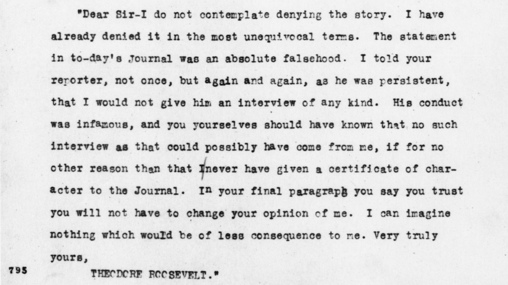 New York Sun letter from Teddy Roosevelt