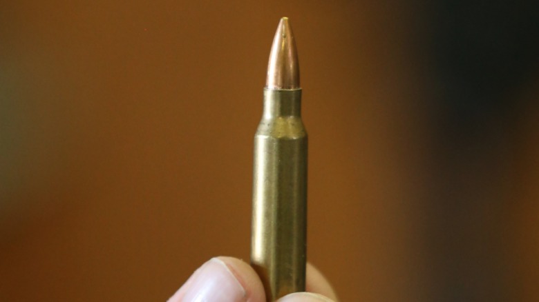 person holding single bullet