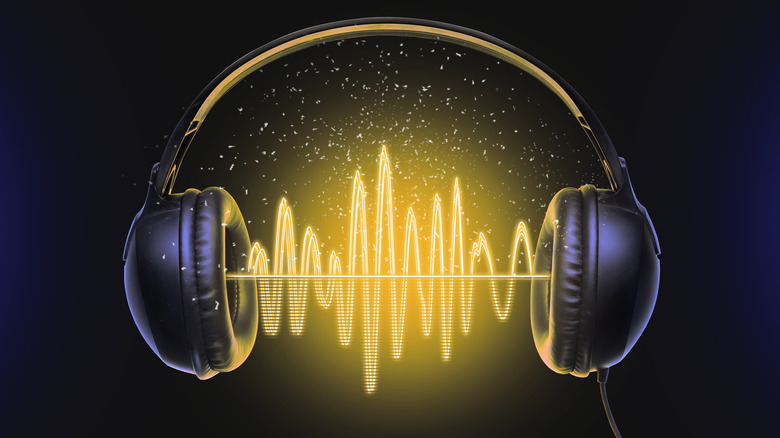 Graphic representation of headphones with sound waves
