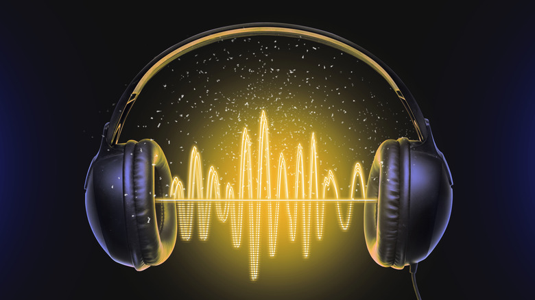 Graphic representation of headphones with sound waves