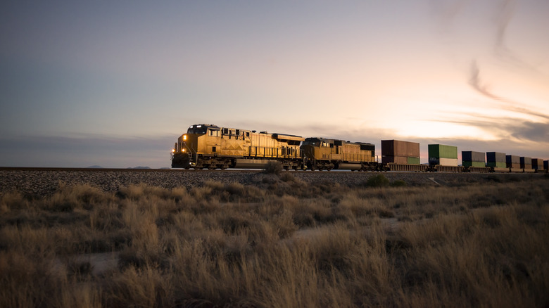 A cargo train drives past a sunset