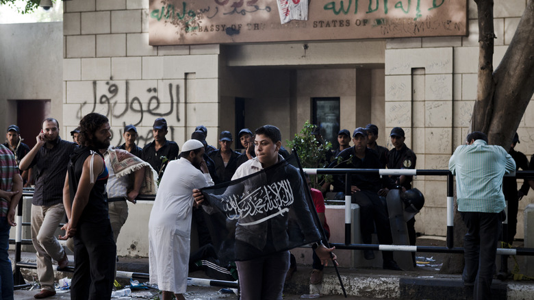 protestor carrying flag