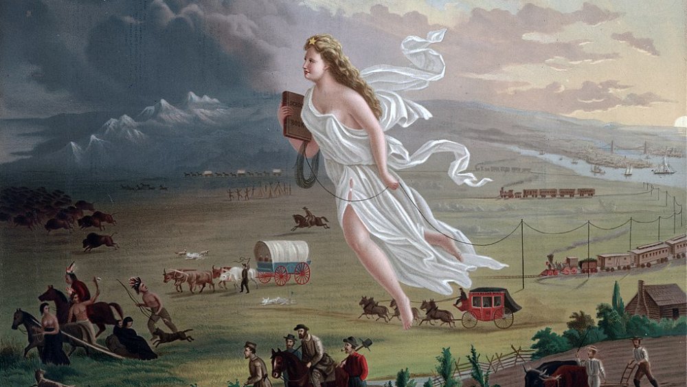 painting of angel flying above settlers in wagons 