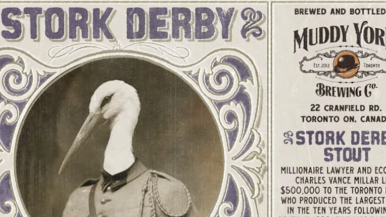 Vintage advertisement featuring a stork in a military uniform